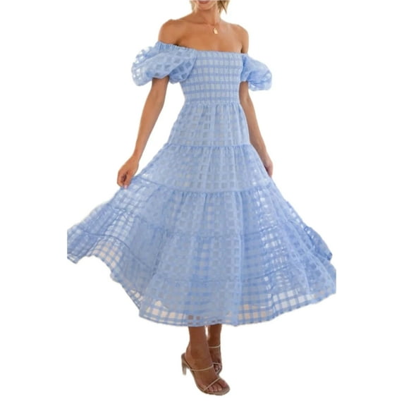 Women's Off Shoulder Midi Dress with Short Puff Sleeves Smocked Ruched Bodice True Midi Length 95% Polyester 5% Spandex