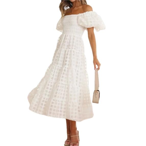 Women's Off Shoulder Midi Dress with Short Puff Sleeves Smocked Ruched Bodice True Midi Length 95% Polyester 5% Spandex