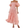 thumbnail image 1 of Women's Off Shoulder Midi Dress with Short Puff Sleeves Smocked Ruched Bodice True Midi Length 95% Polyester 5% Spandex, 1 of 30