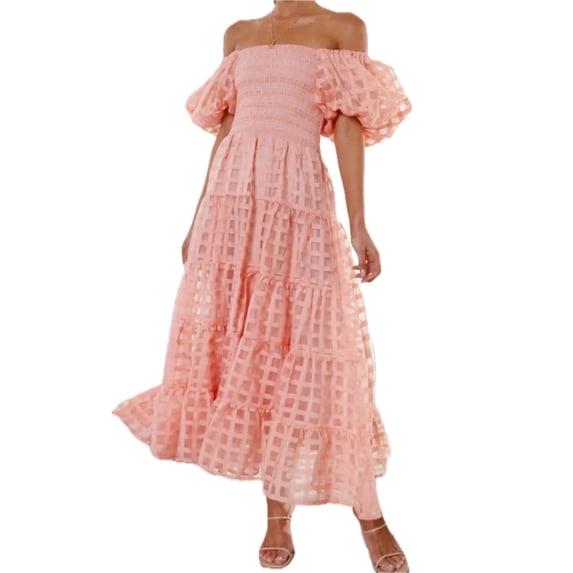Women's Off Shoulder Midi Dress with Short Puff Sleeves Smocked Ruched Bodice True Midi Length 95% Polyester 5% Spandex