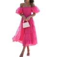 thumbnail image 1 of Women's Off Shoulder Midi Dress with Short Puff Sleeves Smocked Ruched Bodice True Midi Length 95% Polyester 5% Spandex, 1 of 30