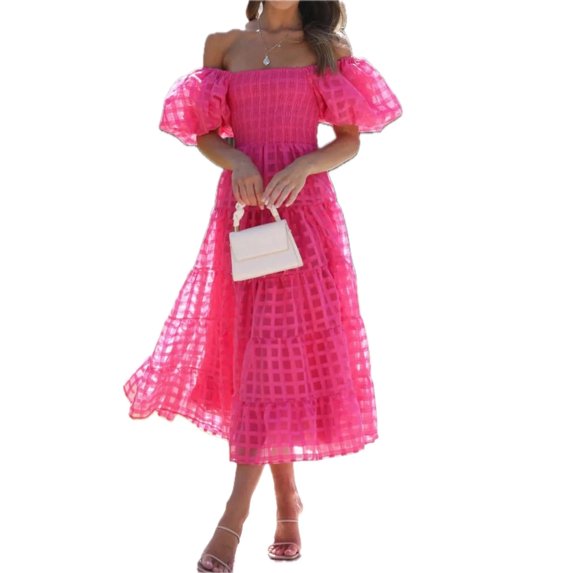 Women's Off Shoulder Midi Dress with Short Puff Sleeves Smocked Ruched Bodice True Midi Length 95% Polyester 5% Spandex