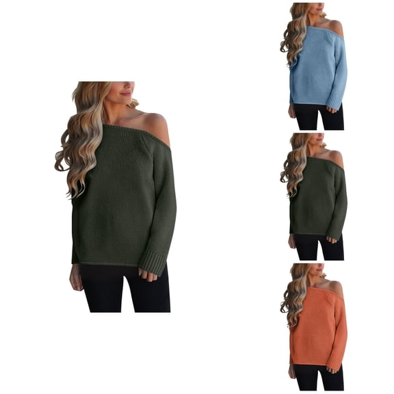 Women's Off Shoulder Oversized Knit Sweater – Soft Loose Fit Long Sleeve Crewneck Pullover Top, Solid Color Casual Comfort Wear for Fall & Winter
