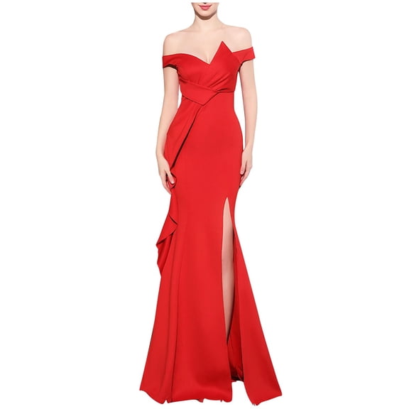 Women's Off Shoulder Party Dress High Slit Slimming Formal Maxi Dress for Evening Red 2XL