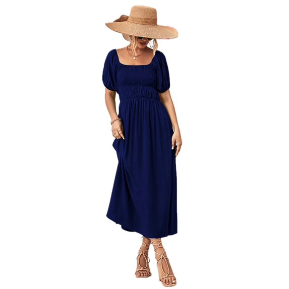 Women's Off Shoulder Puff Sleeve Maxi Dress Smocked Bodice Ninety Five % Polyester And Five % Spandex Casual Fabric