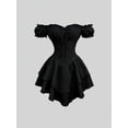 thumbnail image 1 of Women's Off-Shoulder Puff Sleeve Short Dress, Lace-Up Waist Asymmetric Hem Dress, 1 of 6