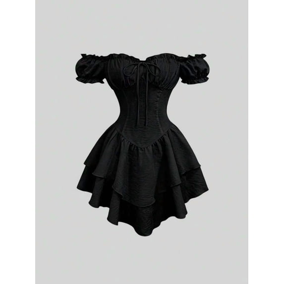 Women's Off-Shoulder Puff Sleeve Short Dress, Lace-Up Waist Asymmetric Hem Dress