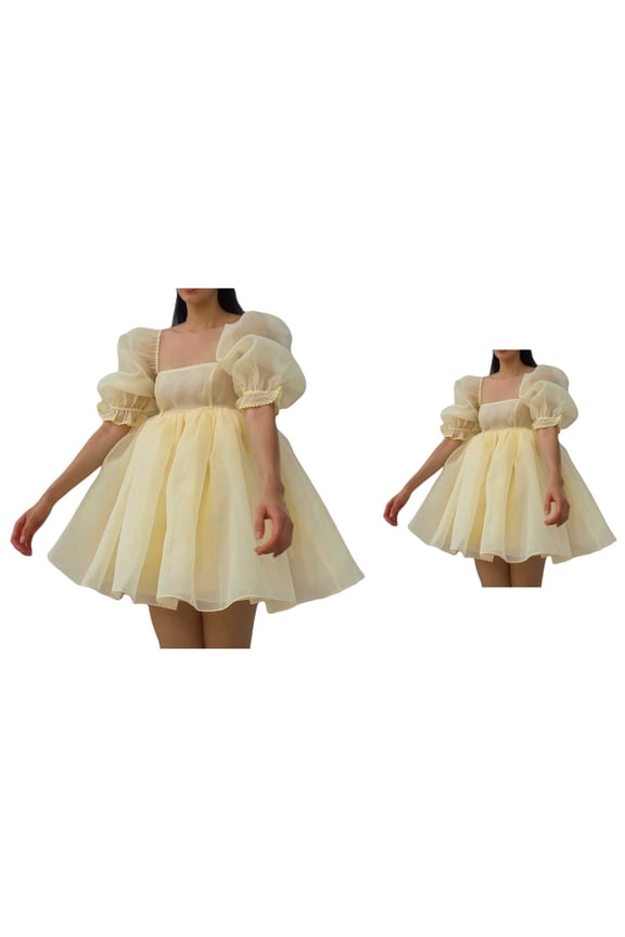 Women's Off-Shoulder Puff Sleeve Tulle Fairy Dress, Square Neck Tie-Dye Mini Party Prom Wedding Dress