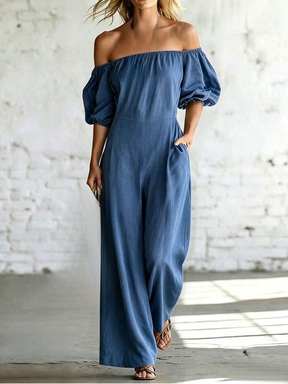 Women's Off Shoulder Puff Sleeve Wide Leg Jumpsuit with Pockets