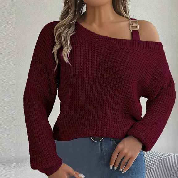 Women's Off Shoulder Pullover Long Sleeve Casual Sweater Top With Round Neck