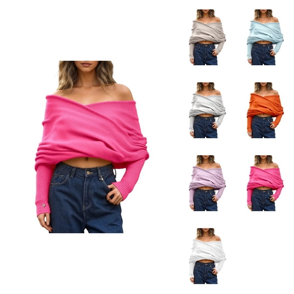 Women's Off-Shoulder Pullover Sweater – Long Sleeve Loose Knit Jumper with Multicolor Design, Versatile Neck for Everyday Wear All Seasons