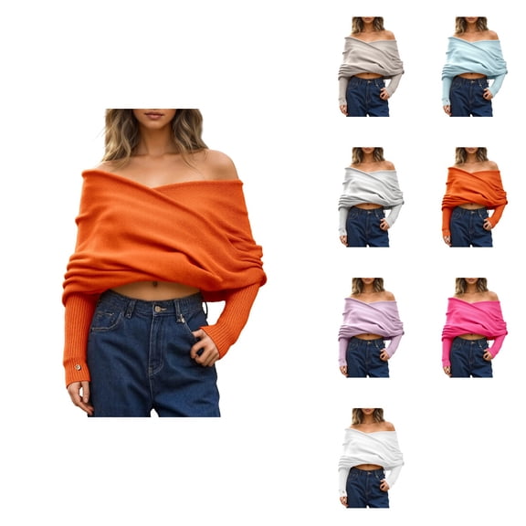 Women's Off-Shoulder Pullover Sweater – Long Sleeve Loose Knit Jumper with Multicolor Design, Versatile Neck for Everyday Wear All Seasons