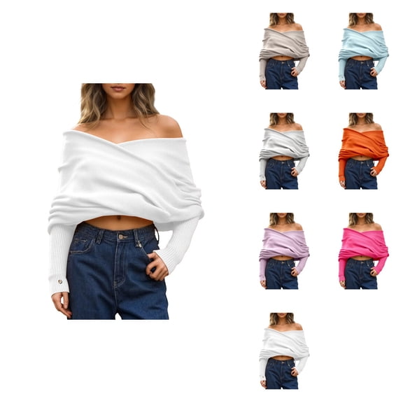 Women's Off-Shoulder Pullover Sweater – Long Sleeve Loose Knit Jumper with Multicolor Design, Versatile Neck for Everyday Wear All Seasons