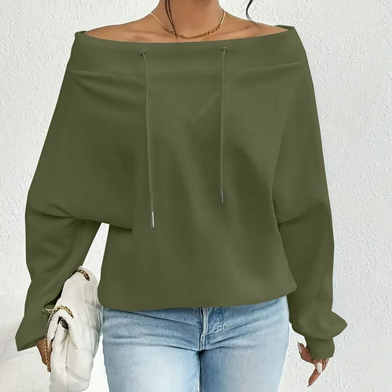 Women's Off Shoulder Pullover Top Dolman Sleeve Drawstring Boat Neck Oversized Sweatshirt