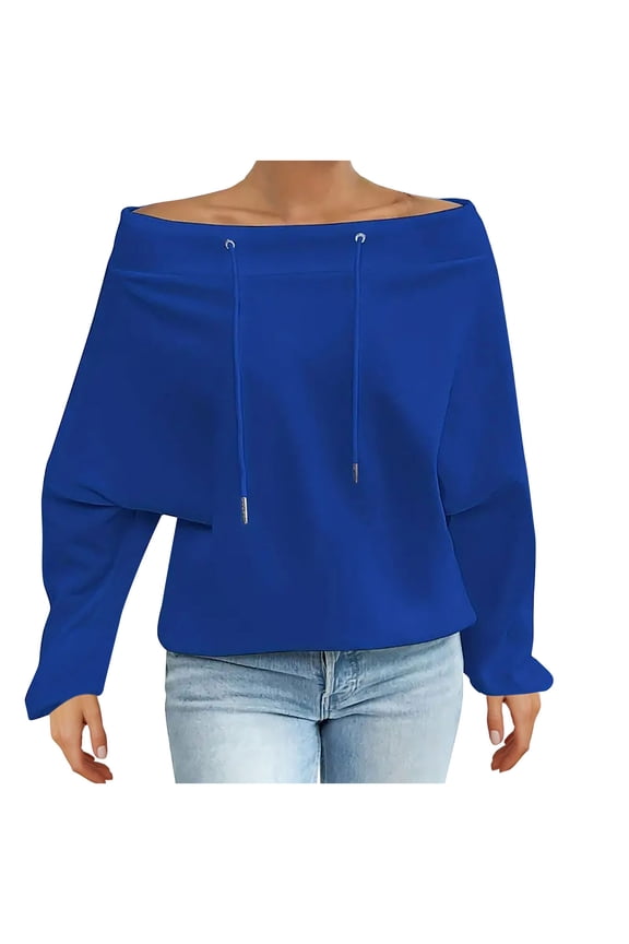 Women's Off Shoulder Pullover Top Dolman Sleeve Drawstring Boat Neck Oversized Sweatshirt