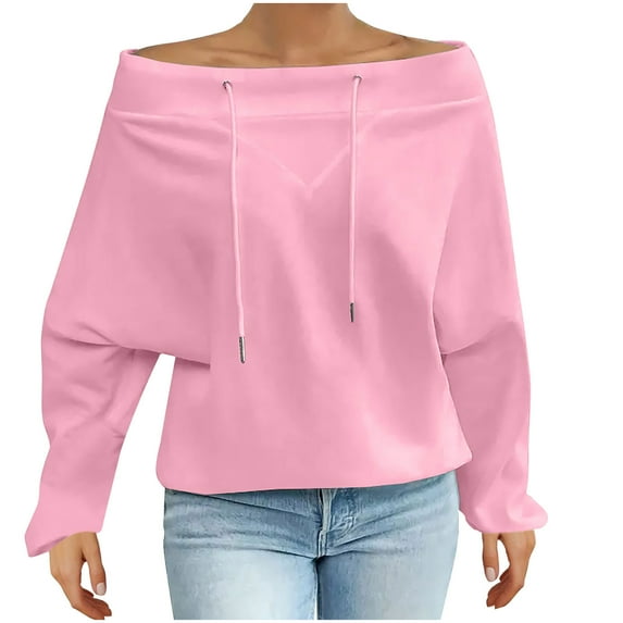 Women's Off Shoulder Pullover Top Dolman Sleeve Drawstring Boat Neck Oversized Sweatshirt