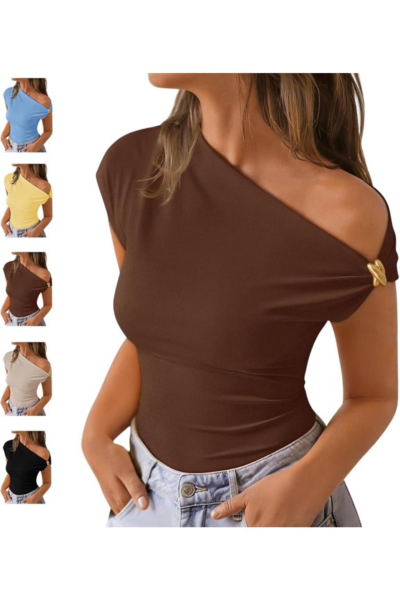 Women’s Off Shoulder Ribbed Crop Top, Ruched Asymmetrical Going Out Shirt with Gold Buckle, Slim Fitted Y2K Spring Summer Top