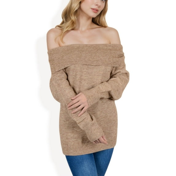Women's Off-Shoulder Ribbed Knit Sweater with Long Sleeves - Medium, Beige