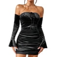 thumbnail image 1 of Women's Off Shoulder Ruched Bodycon Mini Dress Flounce Long Sleeve Tie Front Short Pencil Dresses Cut Out Tie Front Bodycon Mini Dresses, 1 of 5
