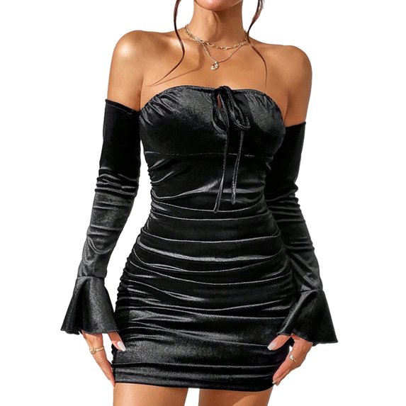 Women's Off Shoulder Ruched Bodycon Mini Dress Flounce Long Sleeve Tie Front Short Pencil Dresses Cut Out Tie Front Bodycon Mini Dresses