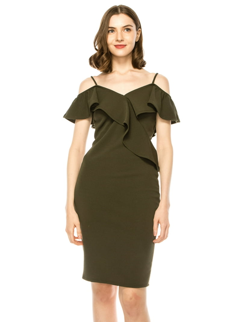 Moa Collection Women's Off Shoulder Ruffle Accent Bodycon Dress, Size: 2XL, Green