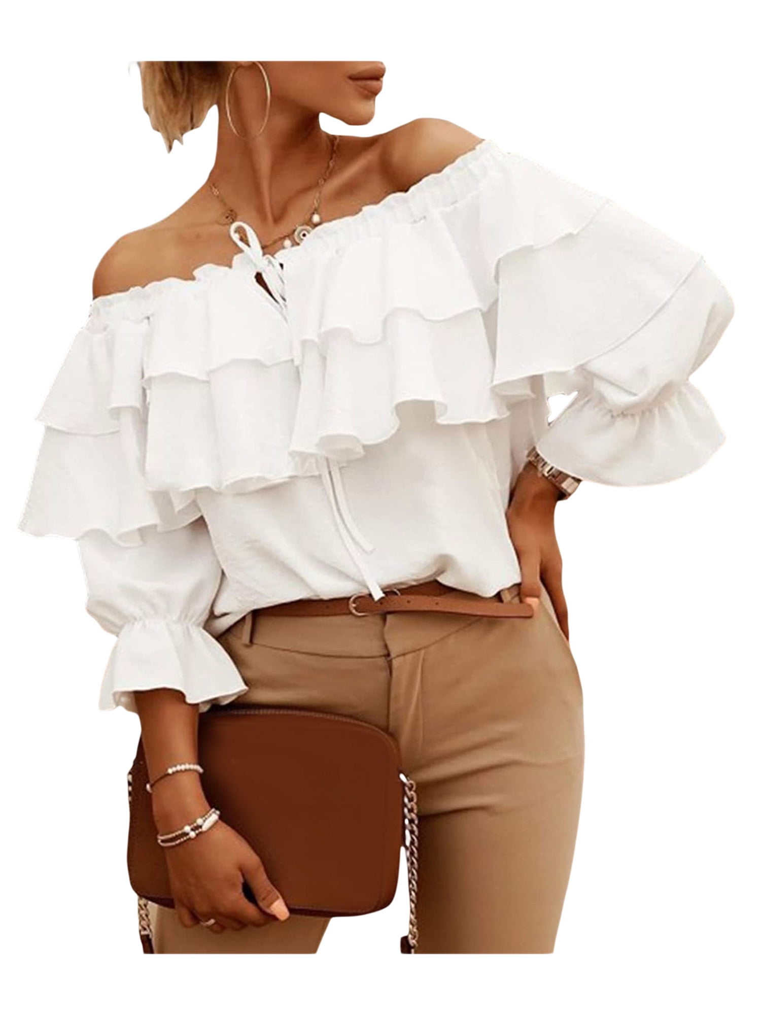 Women's Off Shoulder Ruffle Long Sleeve Blouses Casual Layered Tops ...
