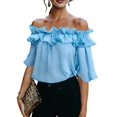 thumbnail image 1 of Women's Off Shoulder Ruffle Short Sleeve Chiffon Blouse L, 1 of 7