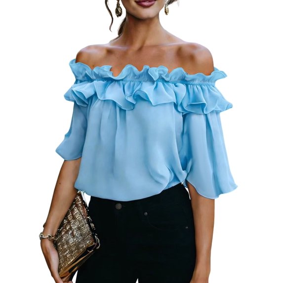 Women's Off Shoulder Ruffle Short Sleeve Chiffon Blouse L
