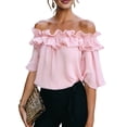 thumbnail image 1 of Women's Off Shoulder Ruffle Short Sleeve Chiffon Blouse Pink L, 1 of 7