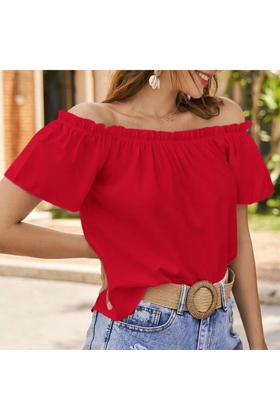 Women's Off-The-Shoulder Pleated Blouse, Solid Color Short-Sleeve Summer Shirt, Casual and Stylish Loose Fit for Vacation, Party, or Outdoor Activities, Comfortable and Trendy Design