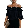 thumbnail image 1 of Women's Off Shoulder Ruffle Trendy Short Sleeve Blouse Casual Outfits Layered Tops Black S, 1 of 6
