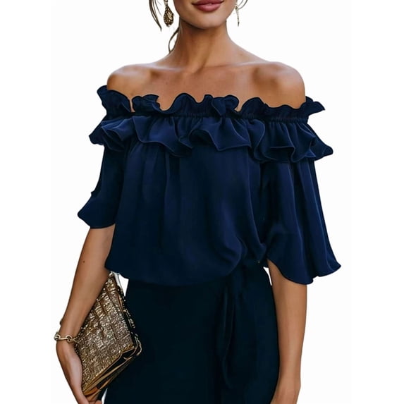 Women's Off Shoulder Ruffle Trendy Short Sleeve Blouse Casual Outfits Layered Tops L