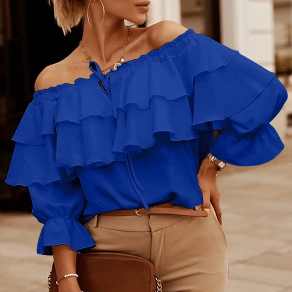Women's Off Shoulder Ruffle Trendy Summer Fashion Long Sleeve Blouse Sexy Dressy Casual Outfits Layered Tops Blue S