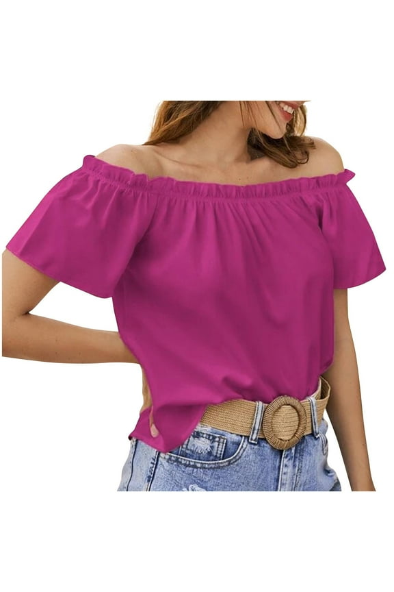 Women's Off Shoulder Ruffle Trim Knot Front Blouse Tiered Layer Butterfly Short Sleeve Chiffon Tops Summer
