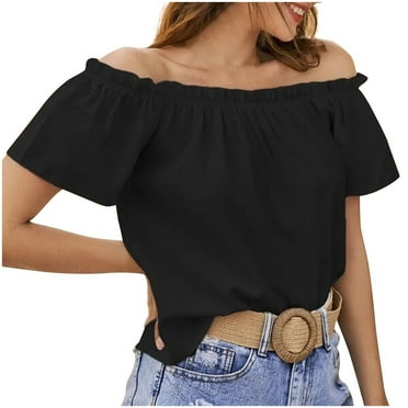 Women's Off Shoulder Ruffle Trim Knot Front Blouse Tiered Layer Butterfly Short Sleeve Chiffon Tops Summer