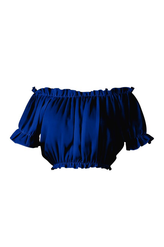 Women's Off Shoulder Ruffle Trim Ruched Short Sleeve Blouse Crop Top