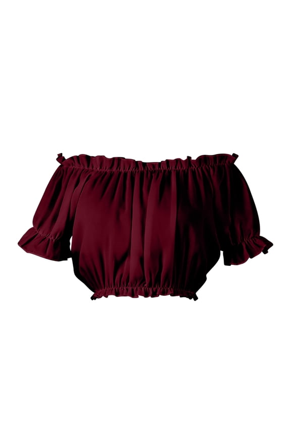 Women's Off Shoulder Ruffle Trim Ruched Short Sleeve Blouse Crop Top