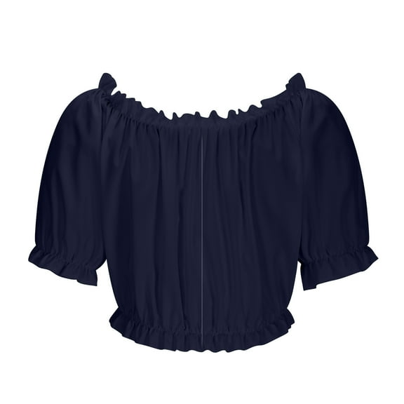 Women's Off Shoulder Ruffle Trim Ruched Short Sleeve Blouse Crop Top