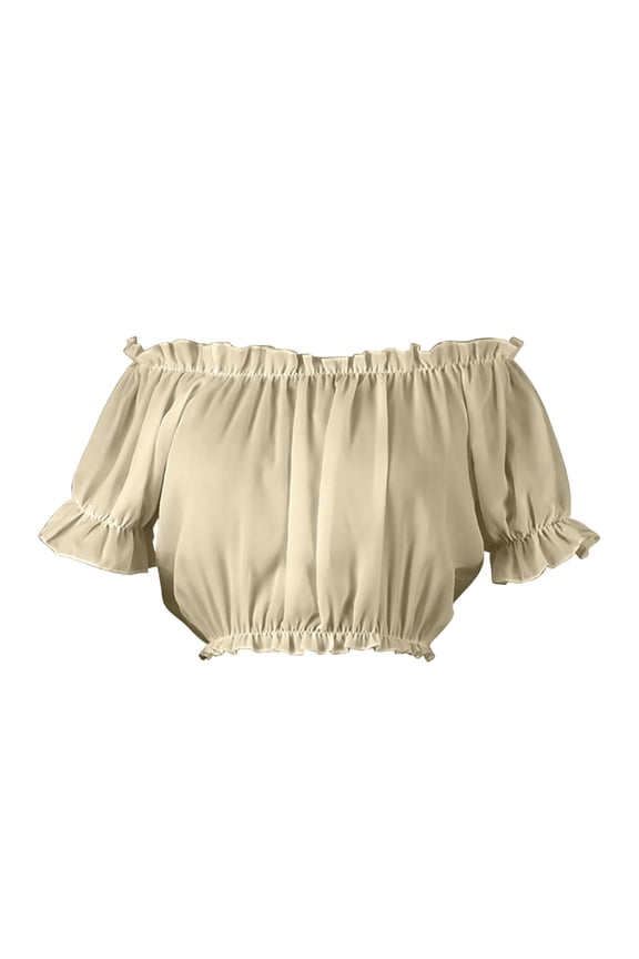 Women's Off Shoulder Ruffle Trim Ruched Short Sleeve Blouse Crop Top