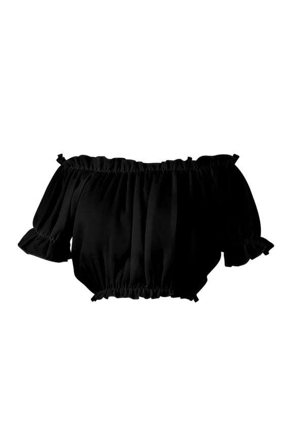 Women's Off Shoulder Ruffle Trim Ruched Short Sleeve Blouse Crop Top