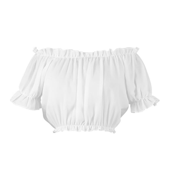 Women's Off Shoulder Ruffle Trim Ruched Short Sleeve Blouse Crop Top