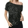 thumbnail image 1 of Women's Off-Shoulder Sequin Short Sleeve Top with Relaxed Fit - Medium, Black and Silver, 1 of 5