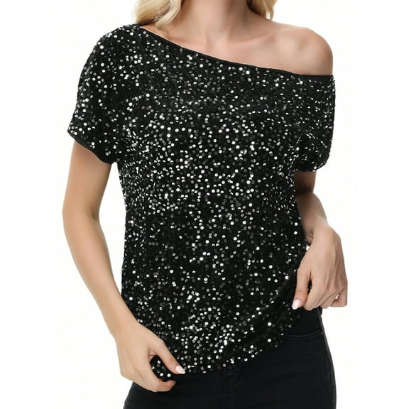 Women's Off-Shoulder Sequin Short Sleeve Top with Relaxed Fit - Medium, Black and Silver
