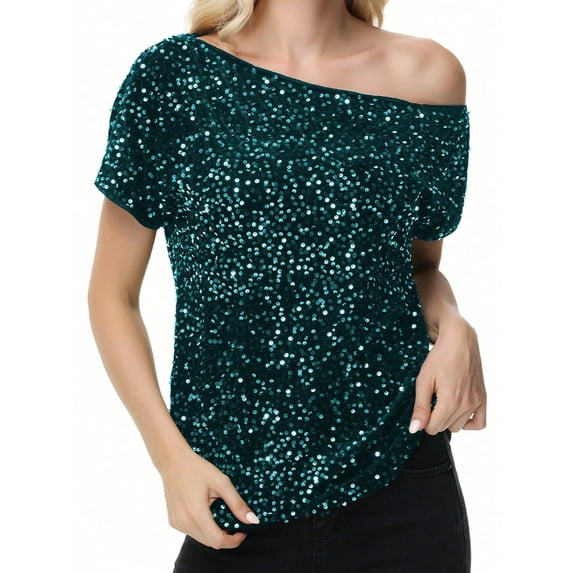 Women's Off-Shoulder Sequin Short Sleeve Top with Relaxed Fit - Medium, Dark Green