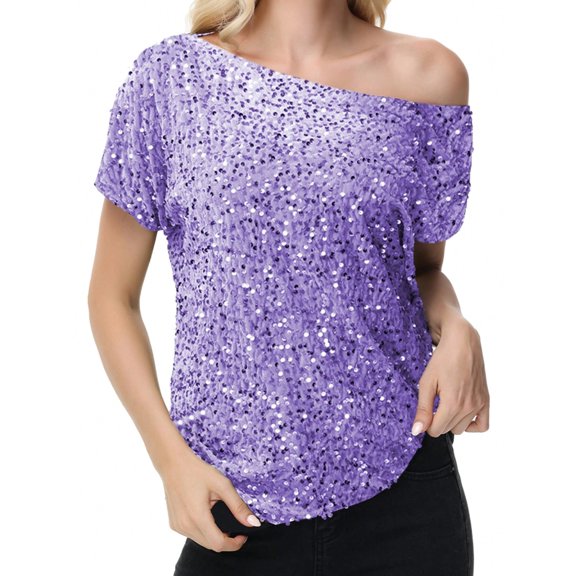 Women's Off-Shoulder Sequin Short Sleeve Top with Relaxed Fit - XX Large, Purple