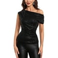 thumbnail image 1 of Women's Off Shoulder Sequin Top – Short Sleeve Slim Fit Ruffled Blouse, Shiny Party Clubwear, 1 of 6