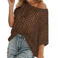 thumbnail image 1 of Women's Off Shoulder Short Crochet Hollow Out Knit Cover Up Sleeve Mesh Sweater Tops Summer Beach Vacation Pullover Shirts Brown 2XL, 1 of 7