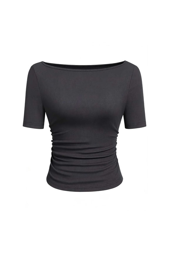 Women's Off Shoulder Short Sleeve Form Fitting Top, Basic Solid Color Ribbed Blouse with Multi Color Options