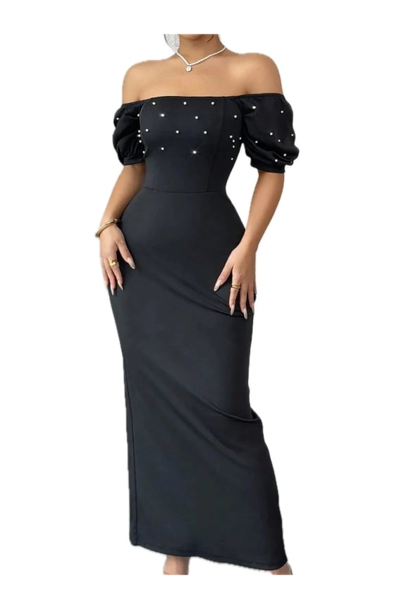 Women's Off Shoulder Short Sleeve Maxi Dress with Moderate Stretch 95% Polyester 5% Elastane for Flattering Fit