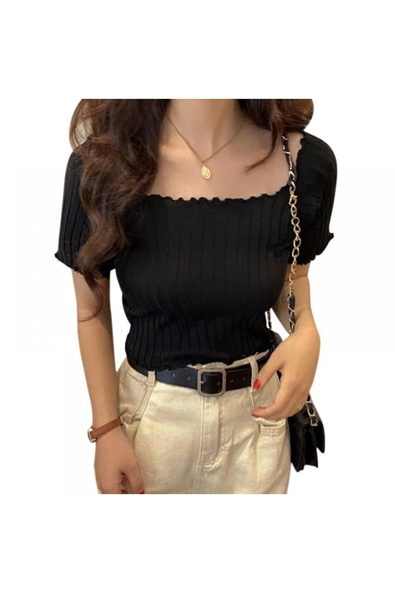 Women's Off Shoulder Short Solid T-shirt Sleeve Knitted Ruffles Crop Top Black
